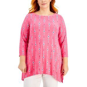 JM Collection Plus Size Printed Jacquard Handkerchief Hem Top